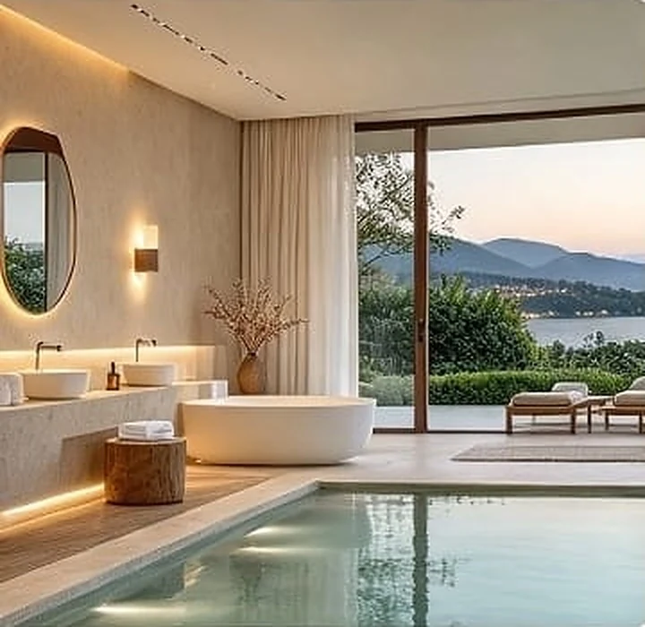 Espacio de descanso con piscina e interiores abiertos
