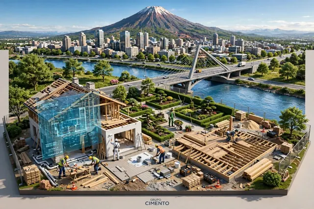 Composición ilustrativa de construcción, arquitectura, puente y paisaje