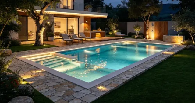 Piscina rectangular con área de descanso e iluminación junto a una vivienda
