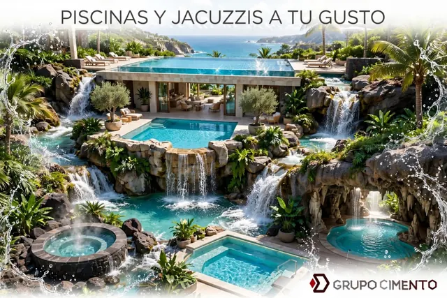 Composición ilustrativa de piscinas, jacuzzis, roca, vegetación y cascadas