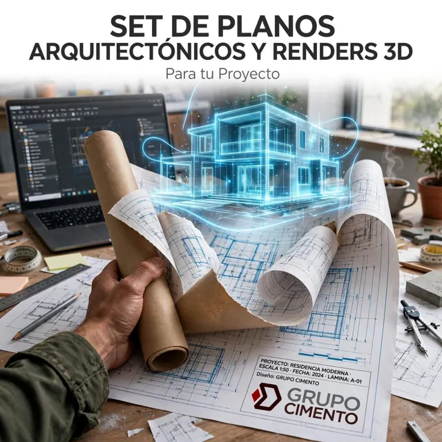 Ilustración de planos arquitectónicos y una vivienda representada en 3D
